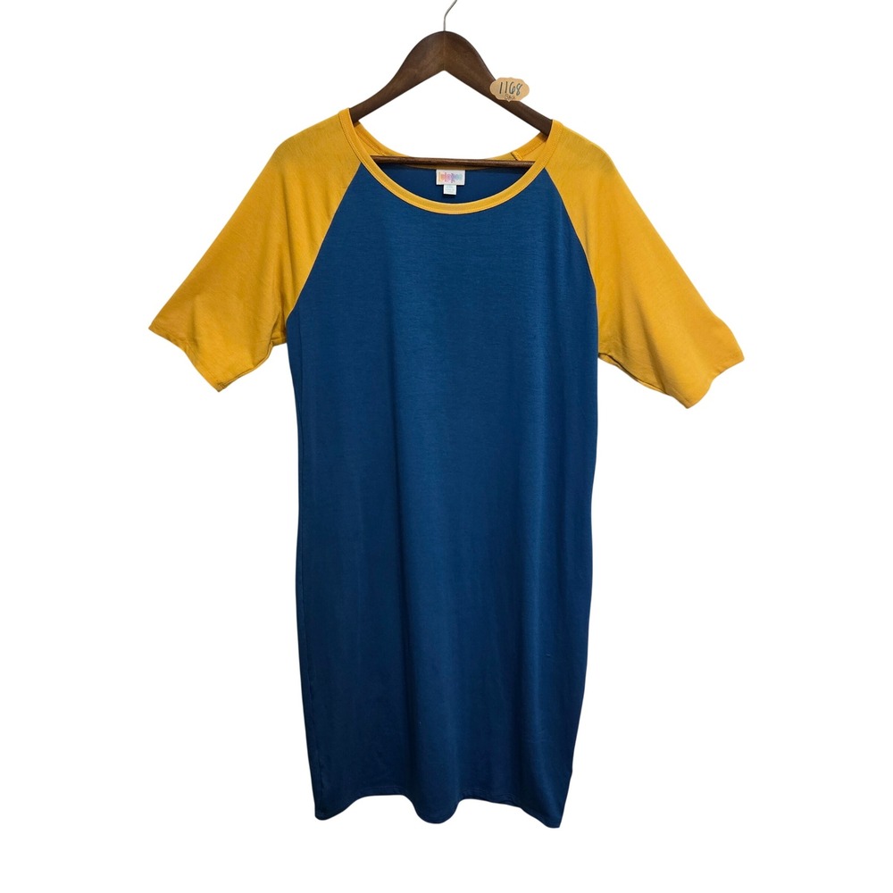 LuLaRoe Julia Dress Womens 2XL Blue Yellow Colorblock Raglan Short Sleeve Casual